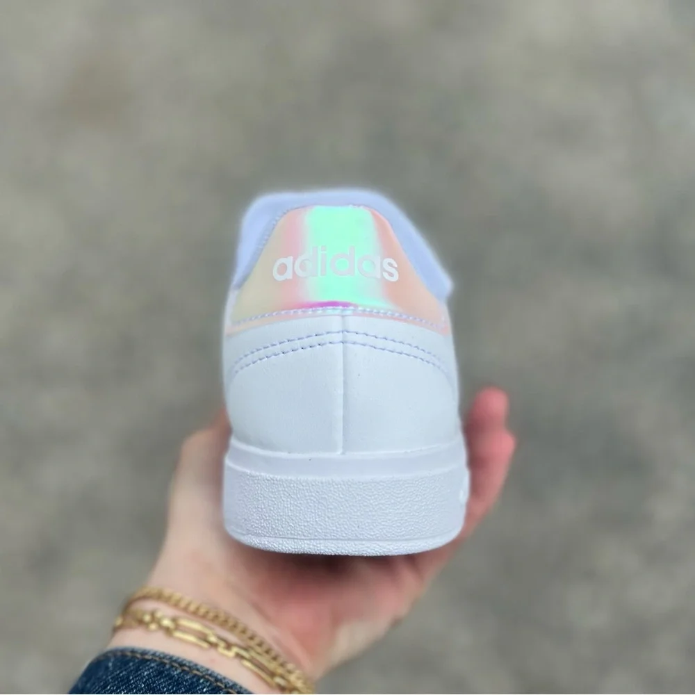 851 | Adidas Grand Court Kids Girls White Sneakers with Iridescent Stripes - Picture 6 of 10